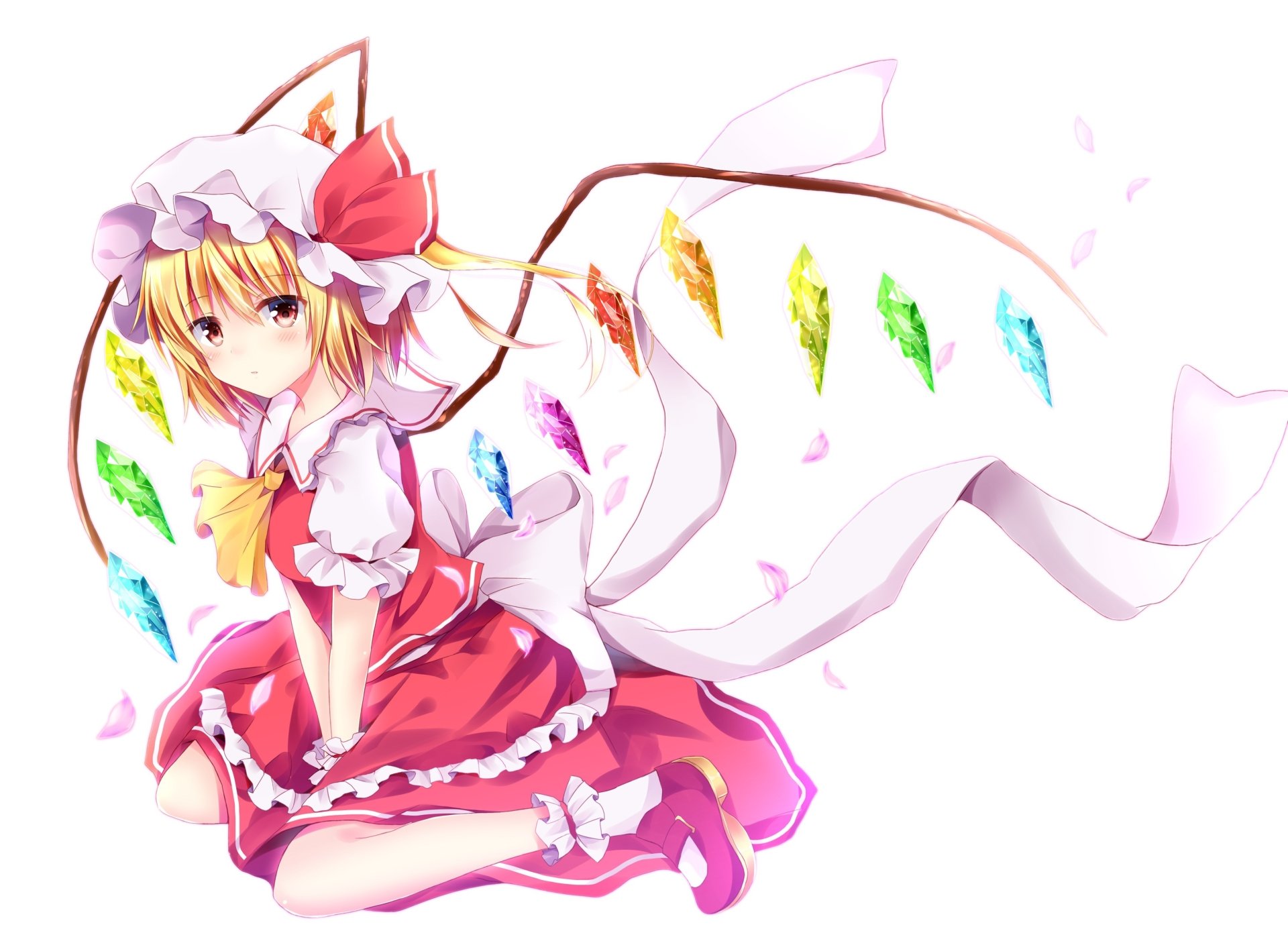 HD anime desktop wallpaper featuring Flandre Scarlet from Touhou, depicted with her signature multicolored crystal wings and red dress against a soft white background.