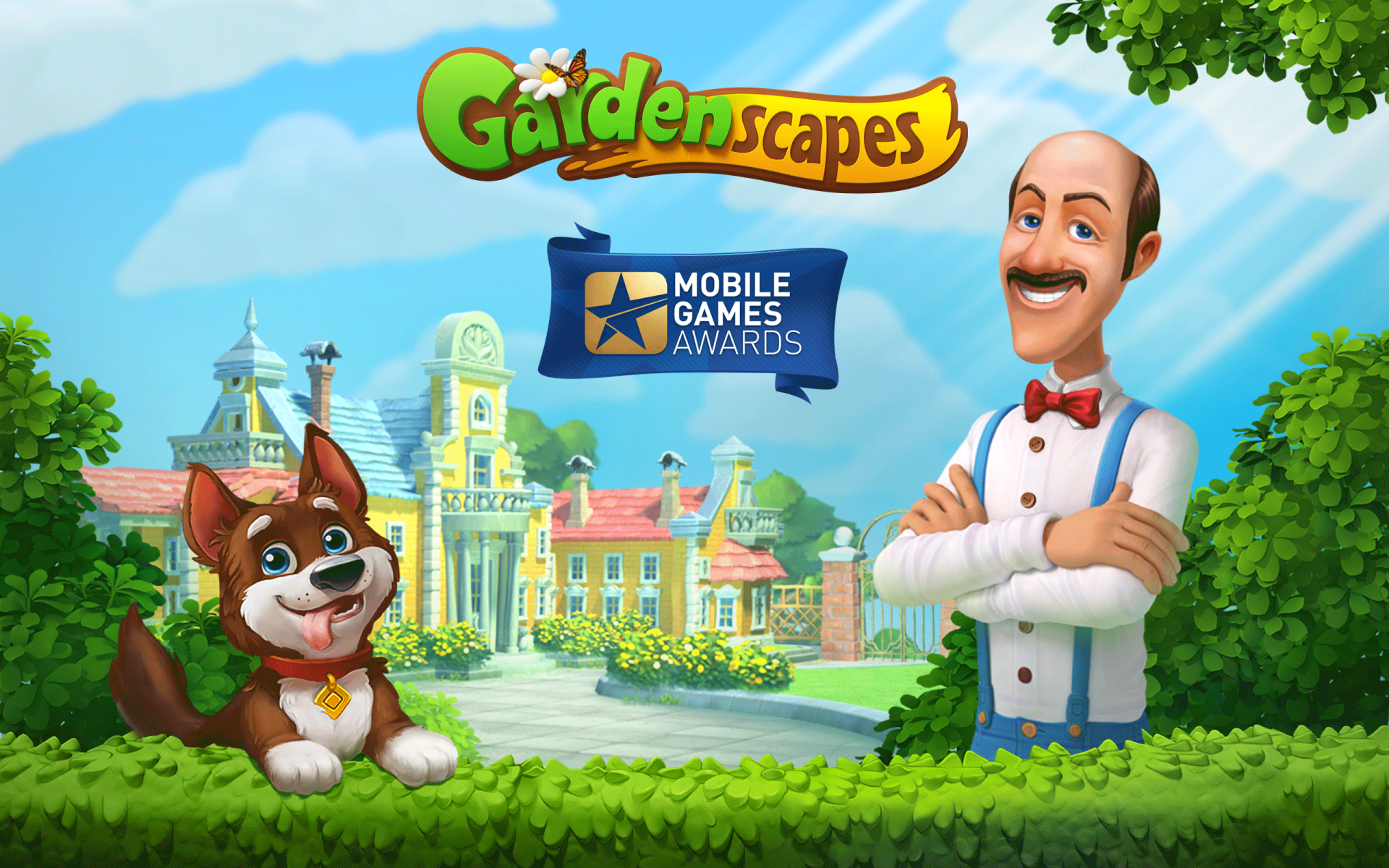 HD desktop wallpaper featuring Gardenscapes game with a cheerful man and a playful dog in front of a vibrant garden estate.