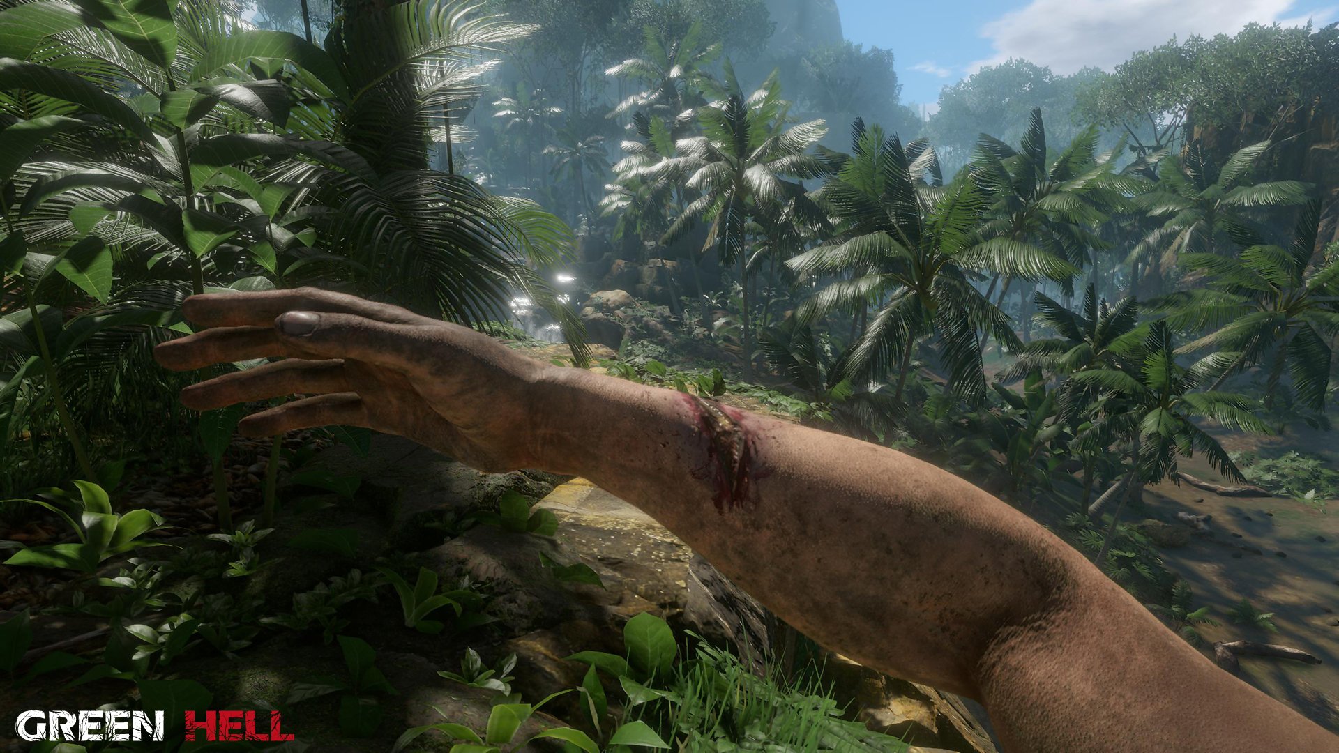 HD desktop wallpaper featuring a first-person view of a wounded arm with the lush jungle environment from the game Green Hell in the background.