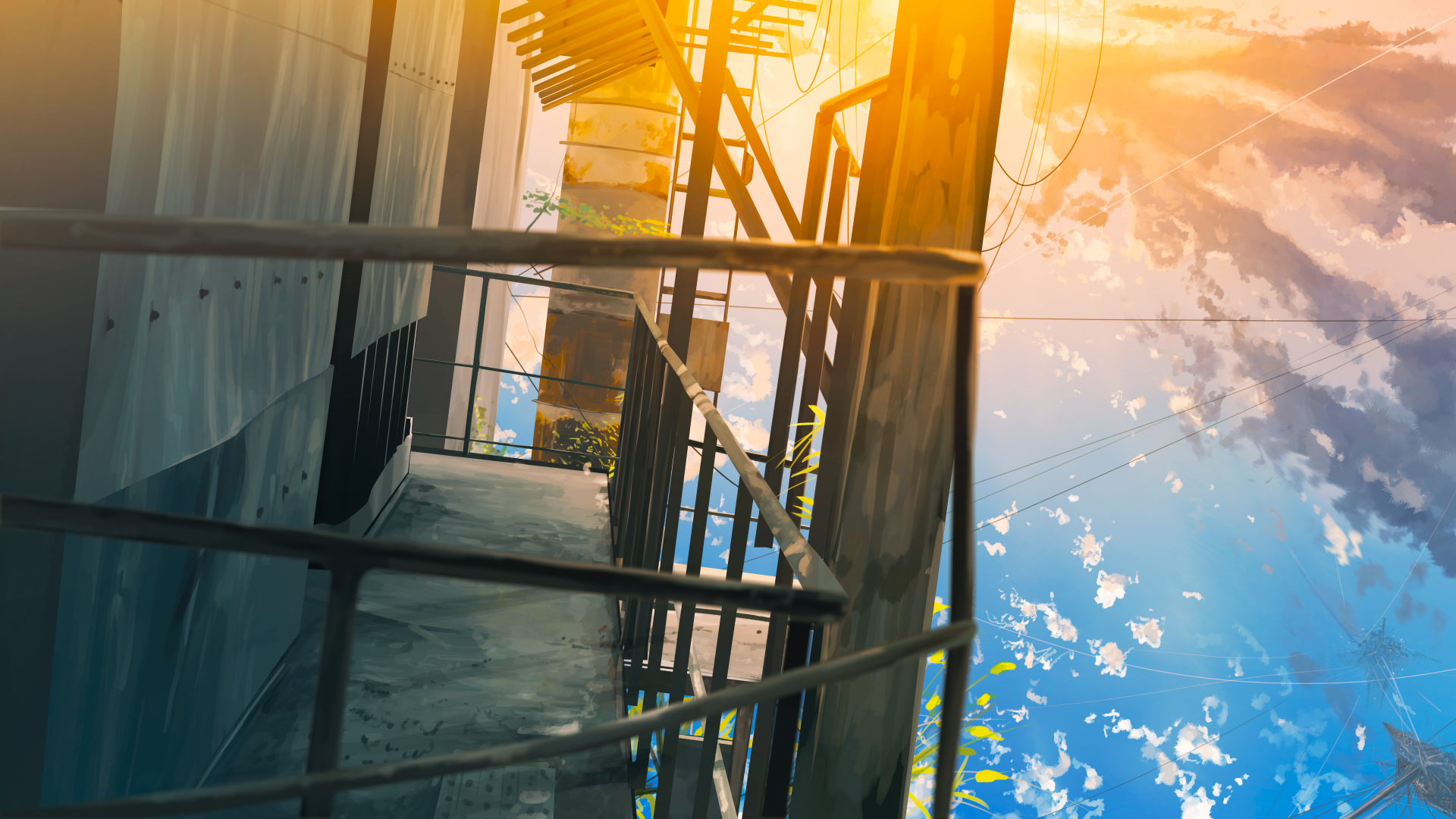 Anime-style 4K Ultra HD desktop wallpaper depicting a sunlit building balcony with intricate railings and a vibrant sky in the background.