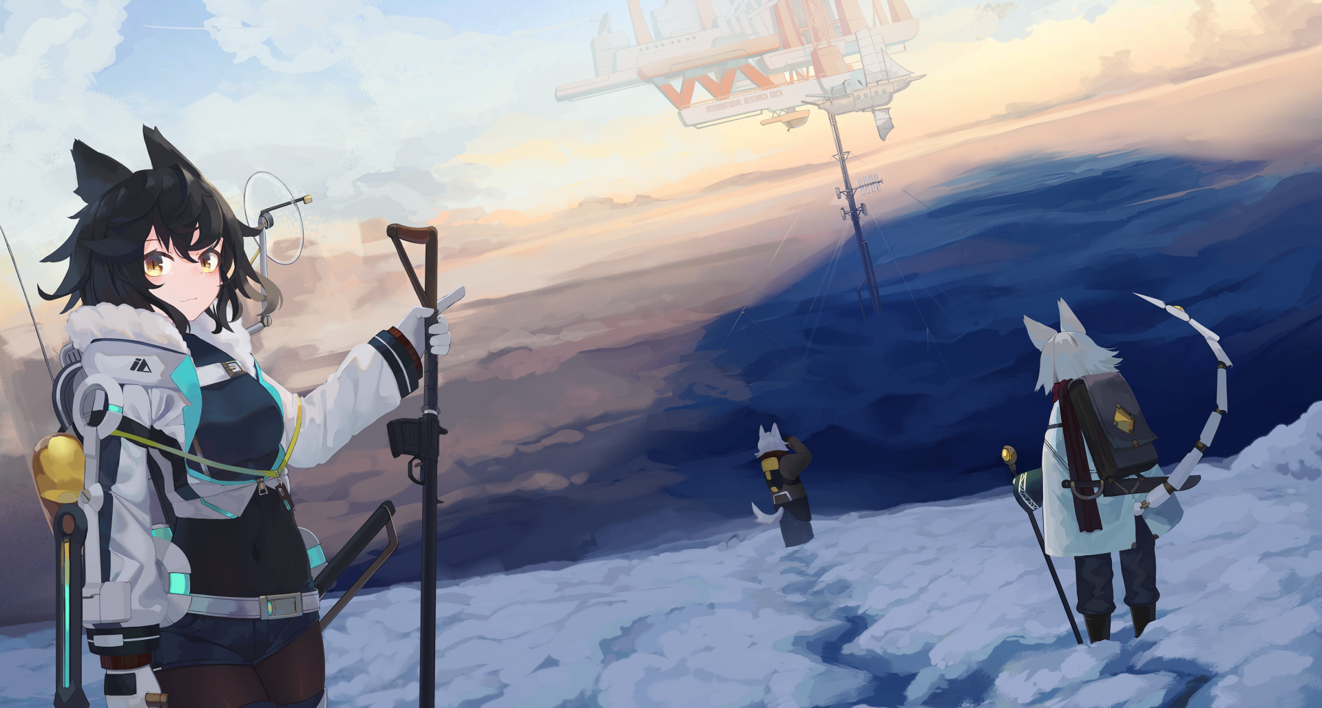 Anime-style 4K Ultra HD wallpaper featuring characters with animal ears, black and white hair, yellow eyes, exploring a snowy landscape under a distant floating structure.
