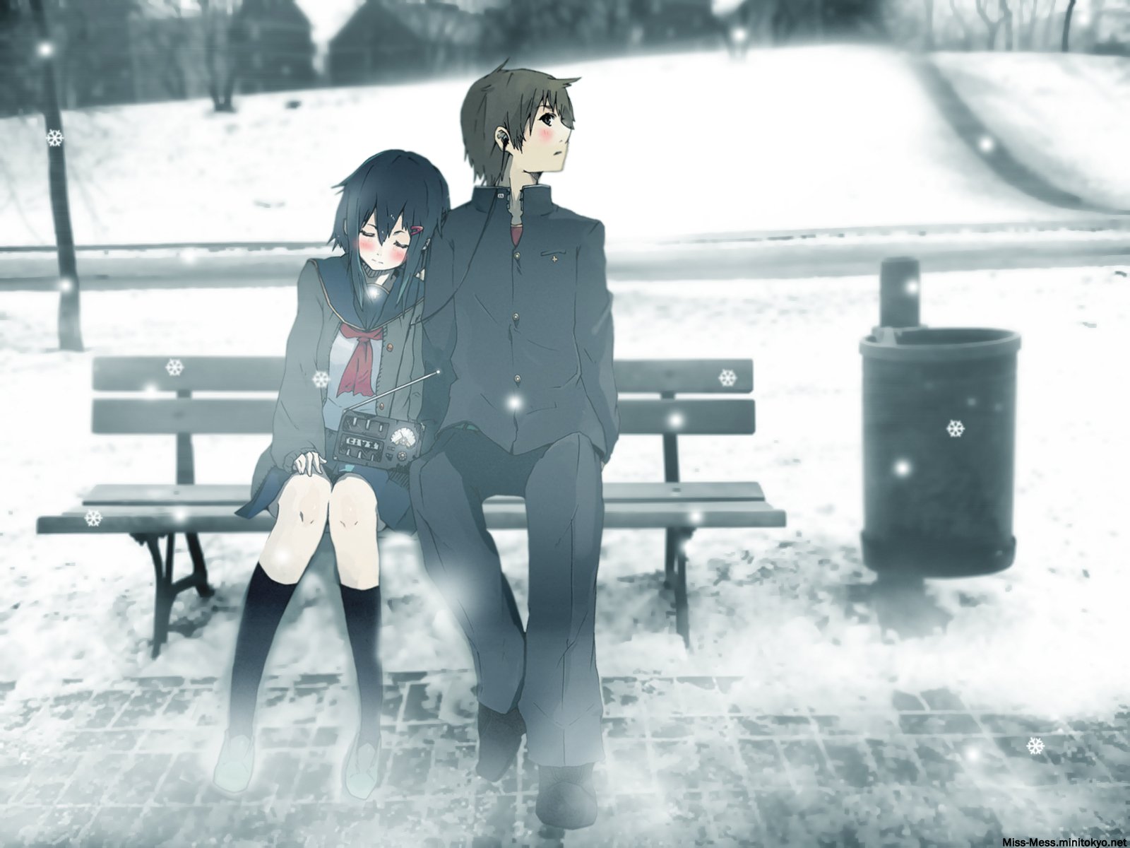 Anime couple sitting closely on a bench in a snowy urban setting, depicted in a HD PC desktop wallpaper style with soft, muted colors and gentle snowfall.