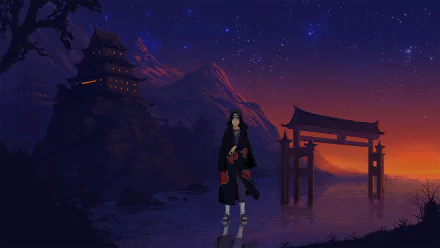 HD anime wallpaper featuring Itachi Uchiha from Naruto, standing by a torii gate and temple under a starry night sky, highlighting the Mangekyō Sharingan and Uchiha Clan themes.