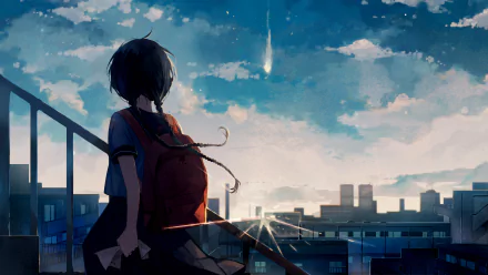 Original HD anime-style wallpaper featuring a character gazing at a cityscape with a shooting star in the twilight sky.