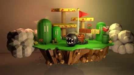 HD desktop wallpaper featuring a low poly video game scene from Mario, showcasing iconic elements like the Chain Chomp, brick blocks, and Piranha Plant on a floating island backdrop.