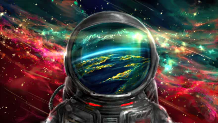 4K Ultra HD Sci-Fi desktop wallpaper featuring an astronaut in space with a vivid, colorful cosmic background reflected on the helmet visor.