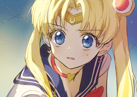 HD anime wallpaper featuring Usagi Tsukino from Sailor Moon with striking blue eyes and blonde hair against a soft, starry background.