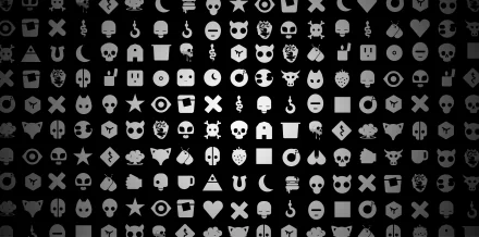 8K Ultra HD Love, Death & Robots TV show PC desktop wallpaper: repeating grayscale grid of stylized icons—skulls, hearts, stars, masks and geometric shapes on a black background.
