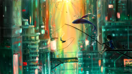 2K Quad HD PC wallpaper: neon sci‑fi city where a lone angler sits on a ledge, fishing a glowing whale drifting through futuristic city canyons.
