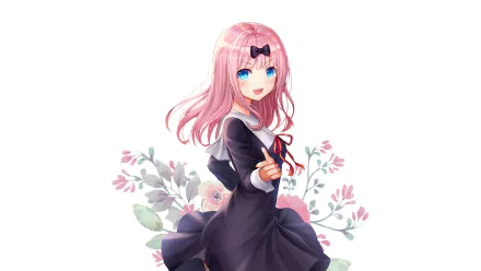 Chika Fujiwara from Kaguya-sama: Love is War anime in a dynamic pose with pink flowers and soft colors, featured as an HD PC desktop wallpaper and background.