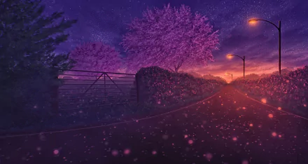 HD desktop wallpaper featuring a serene path lined with blossoming trees and hedges, illuminated by streetlights and framed by an artistic gate under a twilight sky.