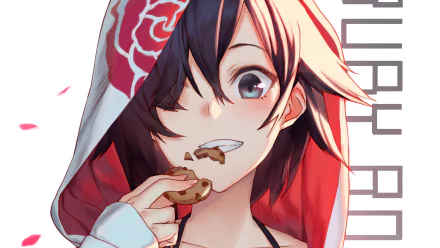 HD anime-style desktop wallpaper featuring Ruby Rose from RWBY enjoying a cookie, with vibrant colors and dynamic shading.