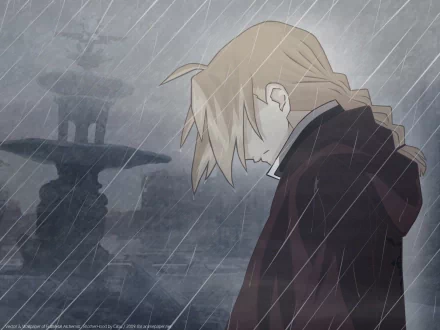 Edward Elric from Fullmetal Alchemist stands in the rain, deep in thought, against a backdrop of a fountain, creating a striking HD anime wallpaper.