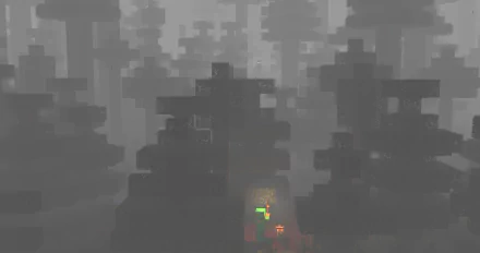 Minecraft scene at night in a dense forest, captured in 4K Ultra HD, showcasing the game's signature blocky style with glowing lights piercing the darkness.