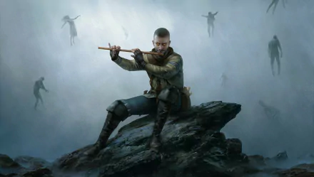 HD PC desktop wallpaper featuring Gaunter O'Dimm from the video game Gwent: The Witcher Card Game, with a mysterious figure playing a flute surrounded by shadowy silhouettes.