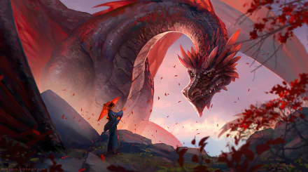 HD fantasy PC desktop wallpaper featuring a majestic dragon towering over a cloaked figure amidst a vibrant, autumnal landscape.