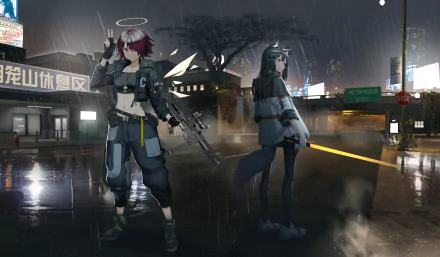 4K Ultra HD Arknights wallpaper featuring Texas and Exusiai standing in a rainy, neon-lit urban environment from the video game Arknights.