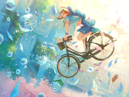 Anime girl in a uniform rides a bicycle surrounded by floating bubbles, colorful petals, and a cat, captured in a vibrant HD PC desktop wallpaper background.