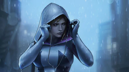 Spider-Gwen, aka Gwen Stacy, in a hooded outfit stands in the rain, depicted in a detailed 4K Ultra HD DC Comics style wallpaper.