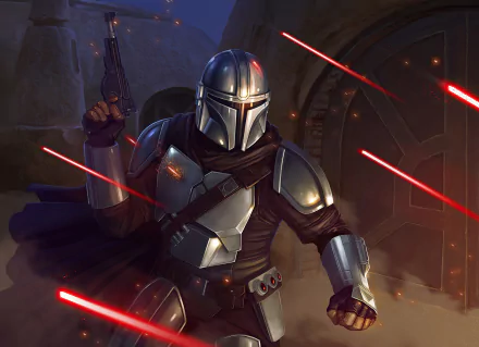HD wallpaper featuring The Mandalorian from the Star Wars TV show The Mandalorian, depicted in armor amidst a blaster firefight, against a dramatic background with rich details.