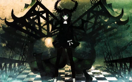 Dead Master (Black Rock Shooter) anime HD PC wallpaper: green-eyed Dead Master in black with skeletal crown and twisted wings on a checkerboard floor against a dark, green-tinged background.
