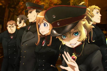 Anime HD desktop wallpaper featuring Tanya Degurechaff and key characters from The Saga of Tanya the Evil in military attire amidst an autumn backdrop.