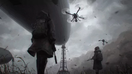 HD anime-style military scene featuring armed soldiers and surveillance drones under a dark, stormy sky, designed as a PC desktop wallpaper and background.