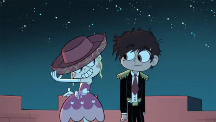 HD desktop wallpaper featuring Marco Diaz and Star Butterfly from the TV show Star vs. the Forces of Evil, standing together under a starry night sky.