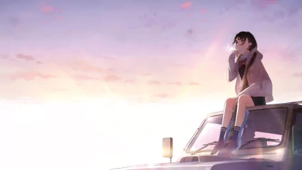 mask guitar school uniform pink eyes car Anime Her Blue Sky anime car HD Desktop Wallpaper | Background Image