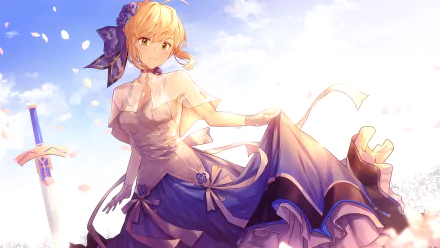 Anime character Saber from the Fate Series, with blonde hair and yellow eyes, wearing a detailed dress, holding a sword in a picturesque background, featured in a HD desktop wallpaper from Fate/Grand Order.