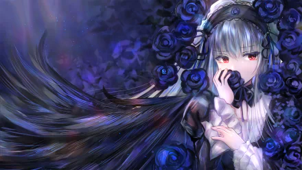 Suigintou (Rozen Maiden) night black rose dress flower red eyes long hair Anime Rozen Maiden anime night HD Desktop Wallpaper | Background Image