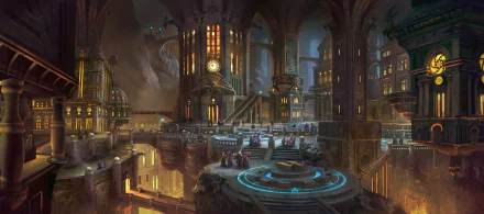 HD fantasy cityscape depicting an elaborate, illuminated city with towering gothic architecture and glowing magical symbols, designed as a PC desktop wallpaper.