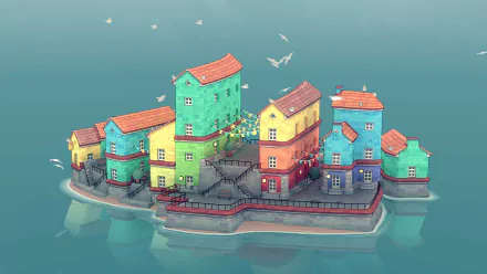 HD desktop wallpaper from Townscaper featuring colorful, whimsical buildings on a serene water backdrop with flying birds.