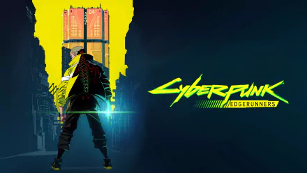 Anime-style Cyberpunk: Edgerunners 4K Ultra HD desktop wallpaper featuring a futuristic cityscape with a character in a glowing jacket against a vibrant yellow and dark blue background.