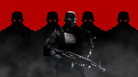 4K Ultra HD PC desktop wallpaper featuring a soldier in gas mask and armor with red-eyed figures in the background from the video game Wolfenstein: The New Order.