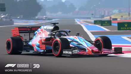 HD desktop wallpaper of an F1 2020 racing car on track, vibrant with graphics and branding.