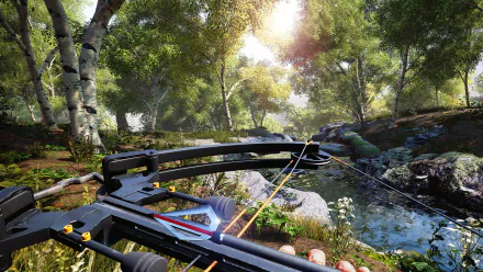 HD wallpaper of Hunting Simulator 2 featuring a crossbow aiming down a serene, sunlit forest stream.