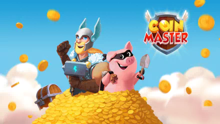 HD desktop wallpaper of Coin Master with characters sitting on a mountain of coins under a blue sky.