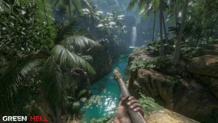 HD desktop wallpaper of Green Hell featuring a dense jungle scene with a river, viewed from a first-person perspective holding a spear.