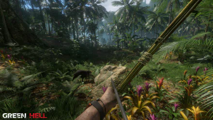 HD desktop wallpaper of Green Hell, showcasing a dense jungle scene with a bow and arrow in the foreground.