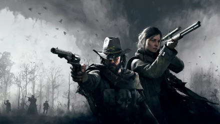 HD wallpaper of Hunt: Showdown featuring armed characters ready for combat, with a moody, dimly lit backdrop.