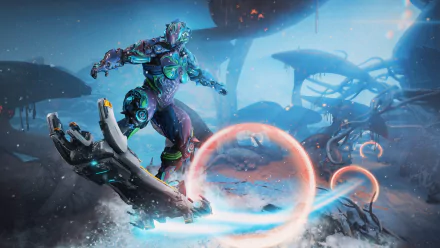 HD desktop wallpaper featuring a character from the video game Warframe, standing on a futuristic hoverboard amidst a glowing, alien landscape with large structures and vibrant energy rings.