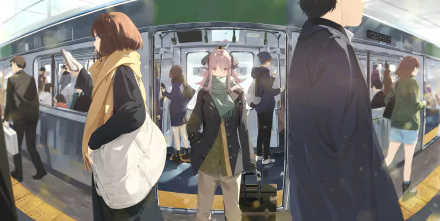 HD anime desktop wallpaper depicting people boarding and standing inside a train with a focus on a girl with pink hair and a suitcase in the center.