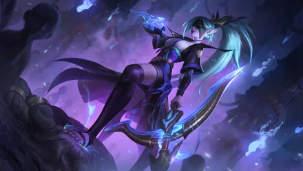 Vayne from League of Legends in a dynamic pose with glowing blue accents, set against a dark, mystical background. 4K Ultra HD PC desktop wallpaper.