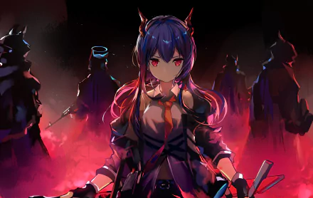 HD desktop wallpaper featuring Ch'en from the video game Arknights, standing in a dramatic scene with a group of shadowy figures against a red and dark background.