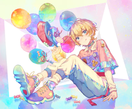 Anime-style HD desktop wallpaper featuring a blonde, blue-eyed character wearing colorful sneakers surrounded by vibrant balloons in a bright, playful setting.
