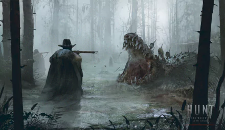 HD desktop wallpaper of Hunt: Showdown, featuring a hunter facing a monstrous creature in a foggy forest.