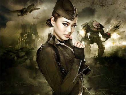 HD desktop wallpaper featuring Jamie Chung from the movie Sucker Punch, set against a dramatic backdrop with a post-apocalyptic ambiance, including a futuristic soldier and aircraft.