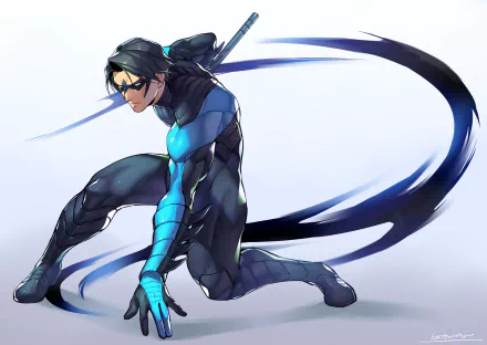 HD PC desktop wallpaper featuring Dick Grayson as Nightwing from DC Comics, depicted in a dynamic pose with his signature blue and black costume.