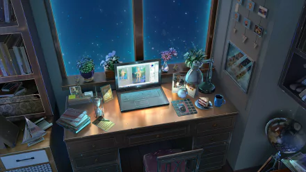 A cozy anime-style room at night with a computer on a wooden desk, surrounded by plants, books, and stationery, under a starry sky visible through the window.